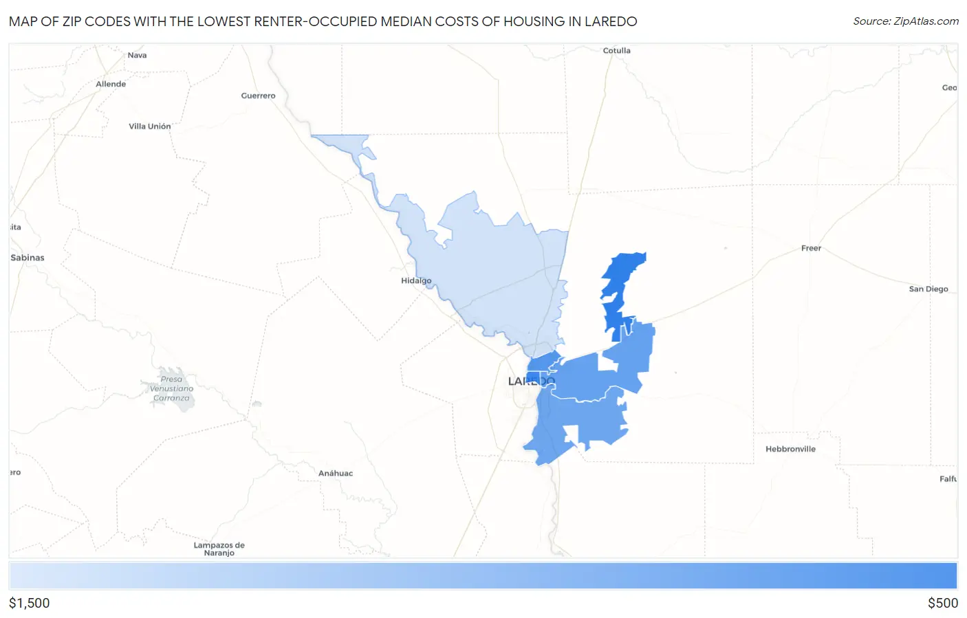 Zip Codes with the Lowest Renter-Occupied Median Costs of Housing in Laredo Map