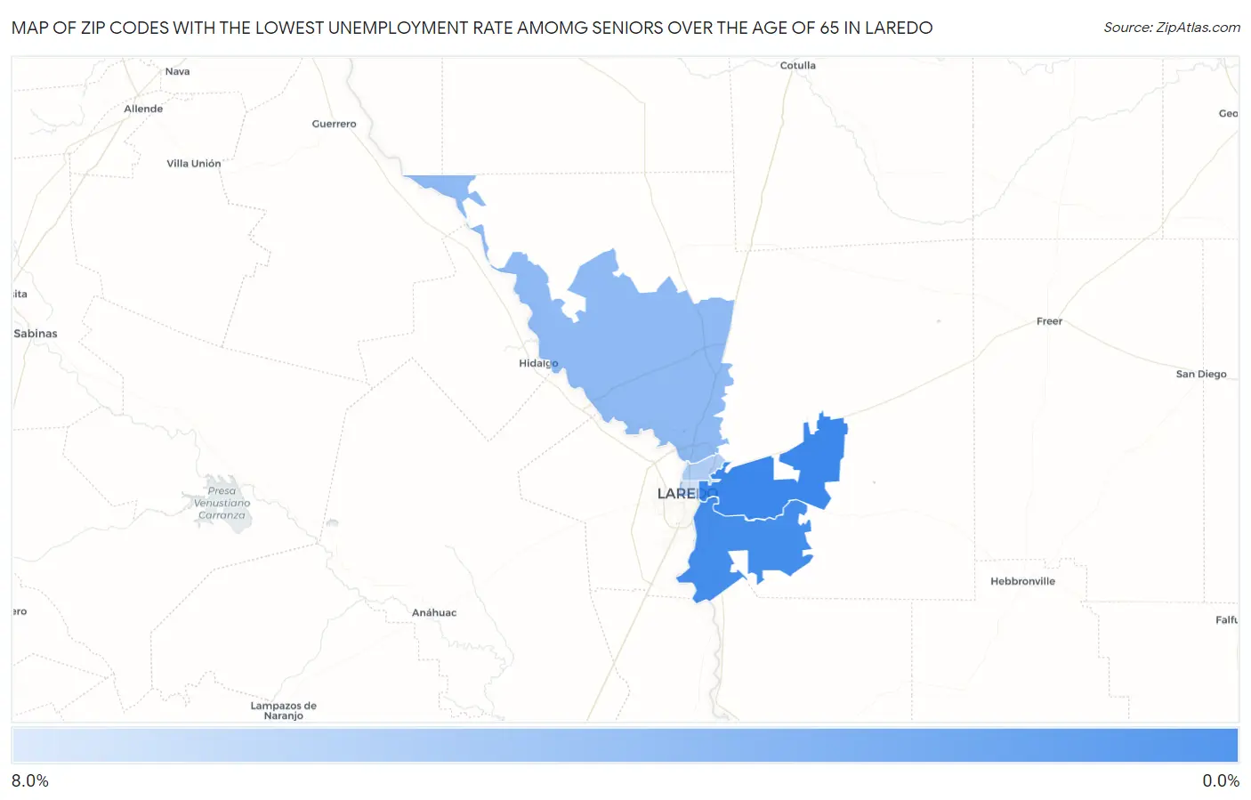 Zip Codes with the Lowest Unemployment Rate Amomg Seniors Over the Age of 65 in Laredo Map
