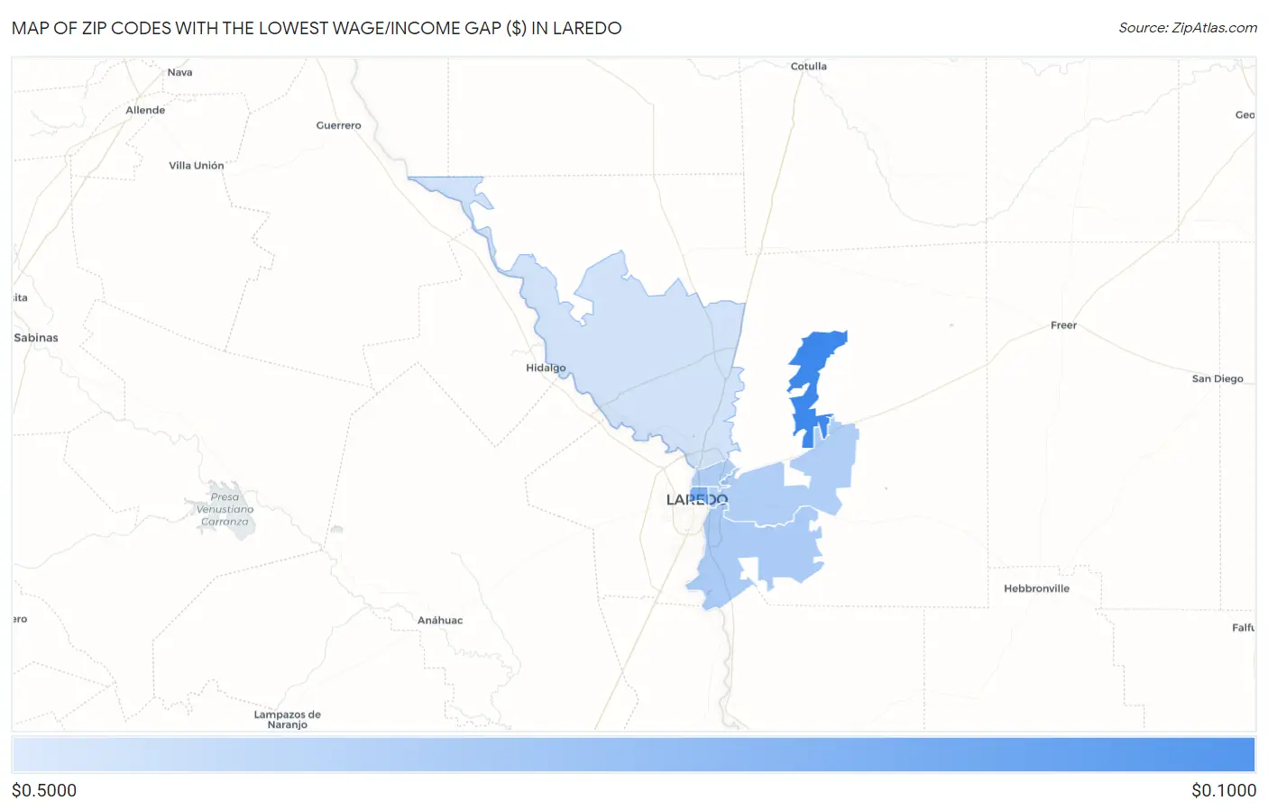 Zip Codes with the Lowest Wage/Income Gap ($) in Laredo Map