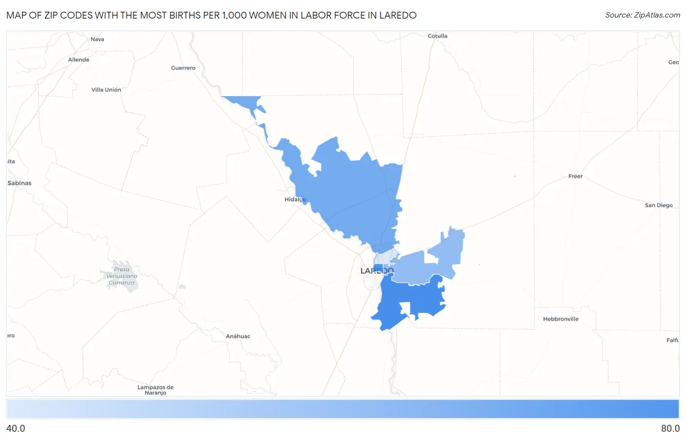 Zip Codes with the Most Births per 1,000 Women in Labor Force in Laredo Map