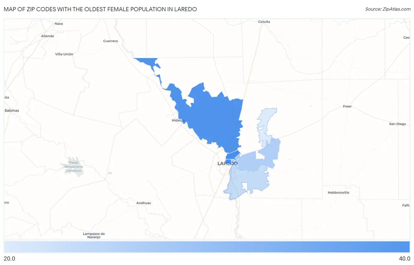 Zip Codes with the Oldest Female Population in Laredo Map