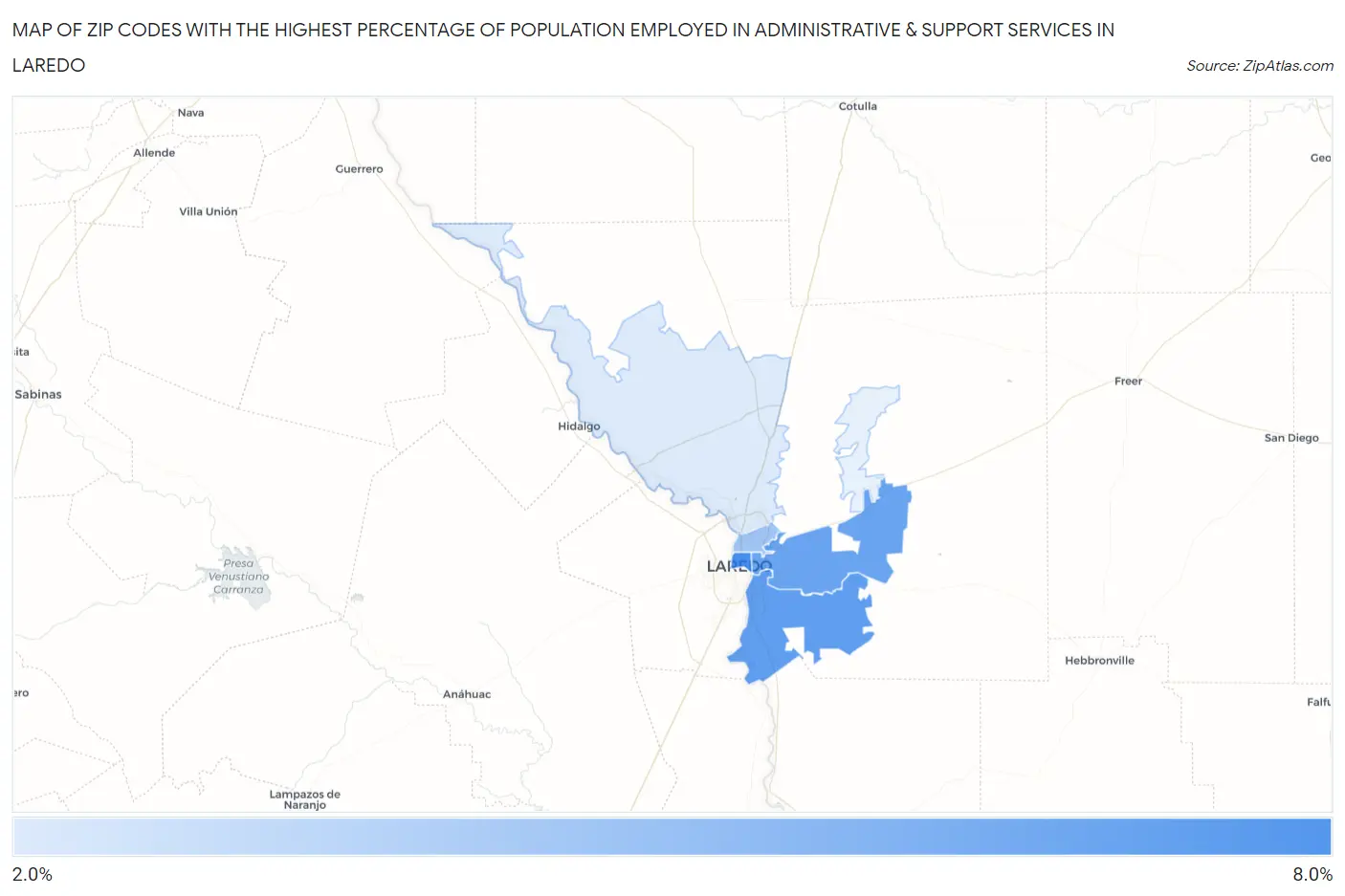 Zip Codes with the Highest Percentage of Population Employed in Administrative & Support Services in Laredo Map