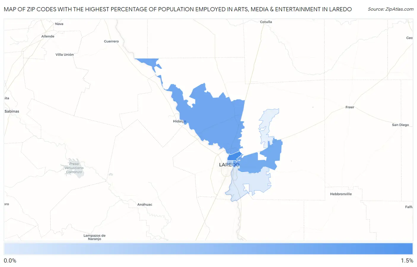 Zip Codes with the Highest Percentage of Population Employed in Arts, Media & Entertainment in Laredo Map