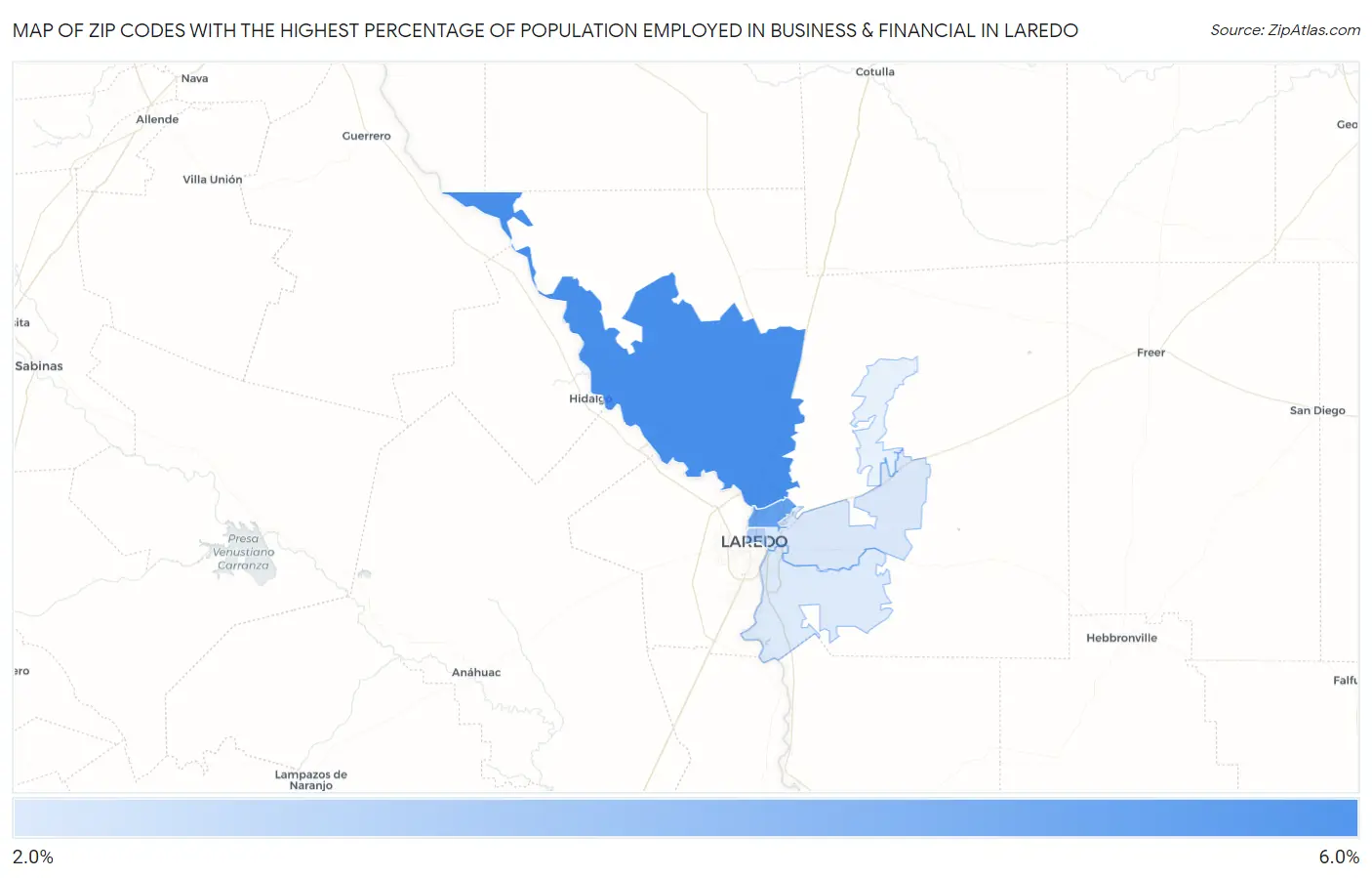 Zip Codes with the Highest Percentage of Population Employed in Business & Financial in Laredo Map