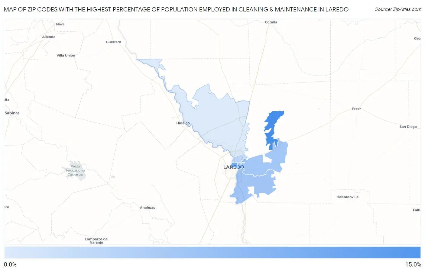 Zip Codes with the Highest Percentage of Population Employed in Cleaning & Maintenance in Laredo Map