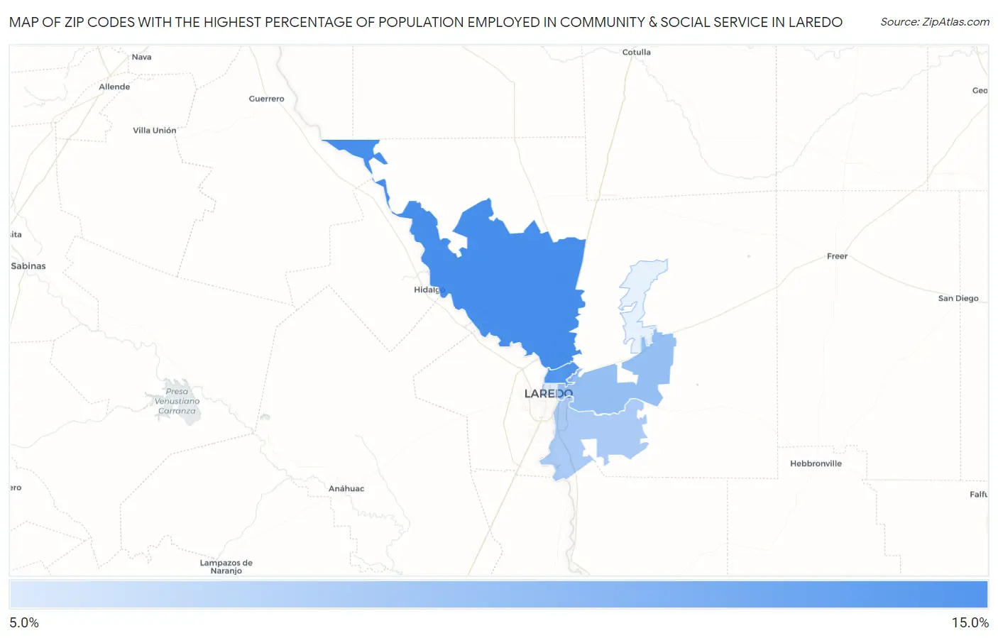 Zip Codes with the Highest Percentage of Population Employed in Community & Social Service  in Laredo Map