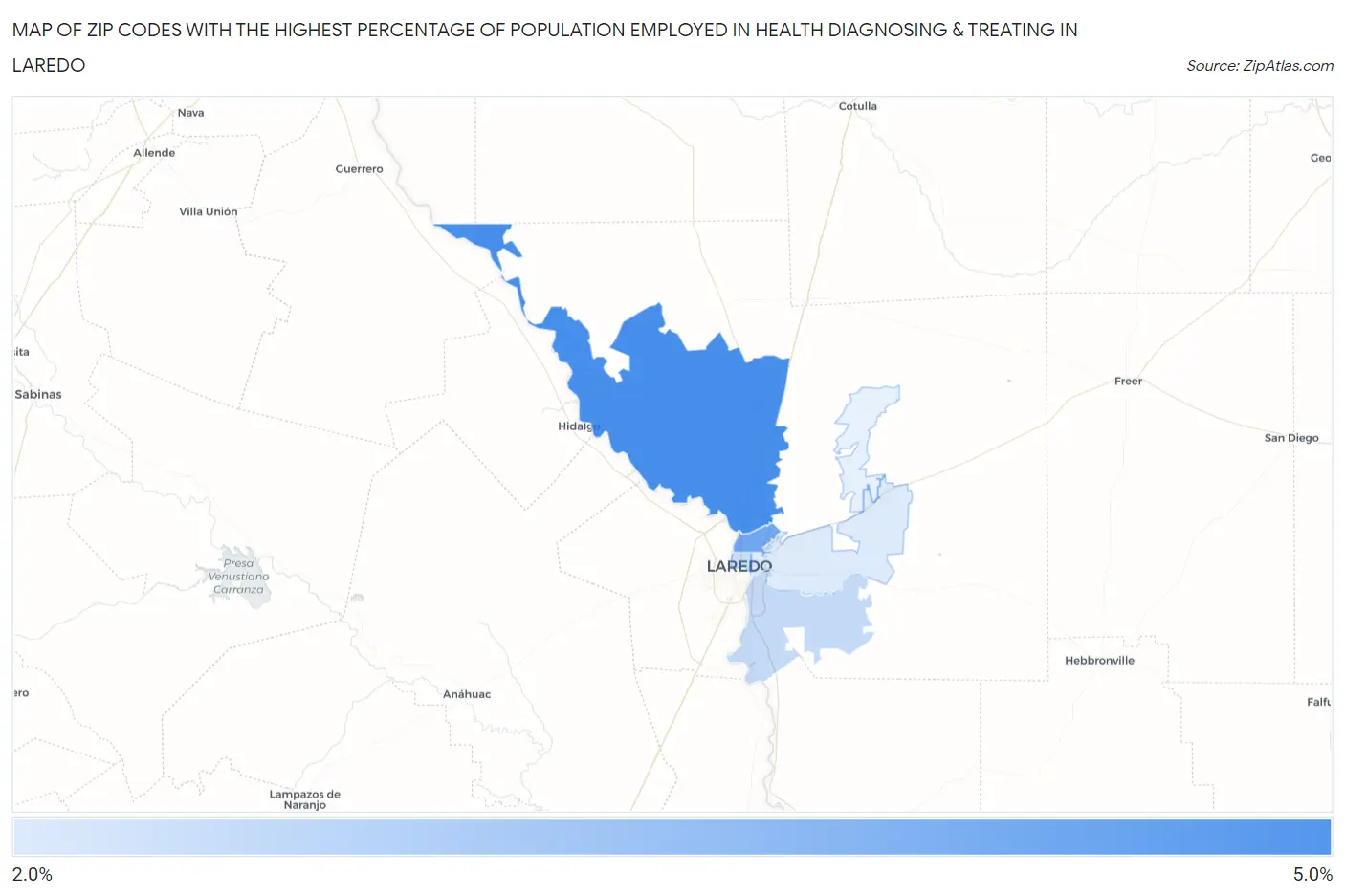Zip Codes with the Highest Percentage of Population Employed in Health Diagnosing & Treating in Laredo Map