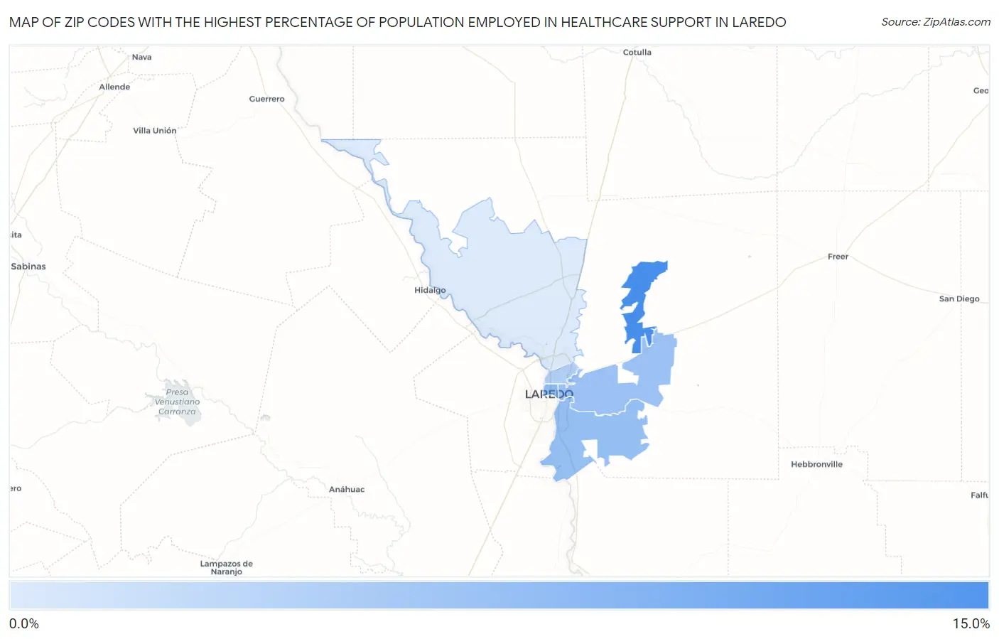Zip Codes with the Highest Percentage of Population Employed in Healthcare Support in Laredo Map