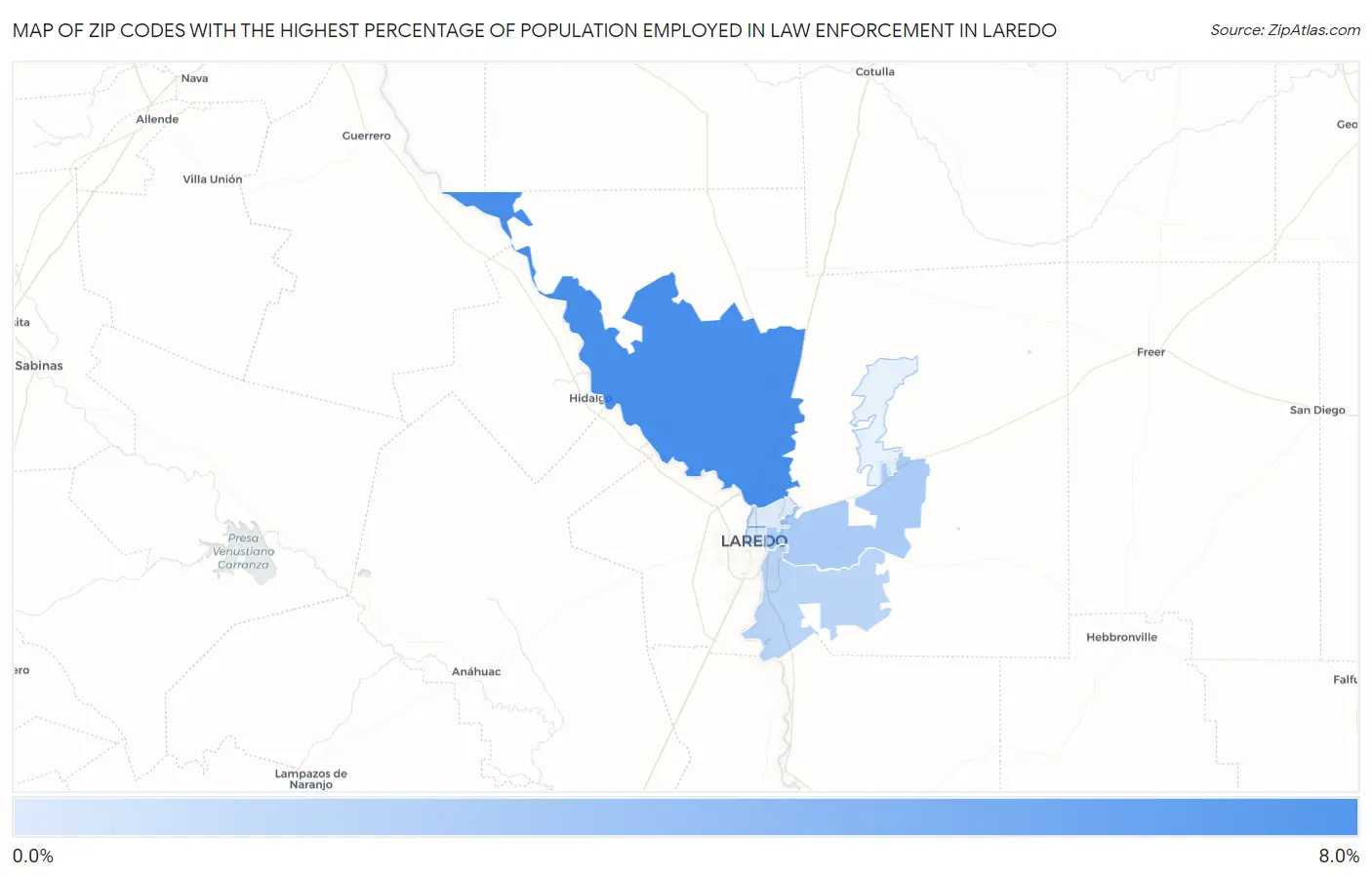 Zip Codes with the Highest Percentage of Population Employed in Law Enforcement in Laredo Map