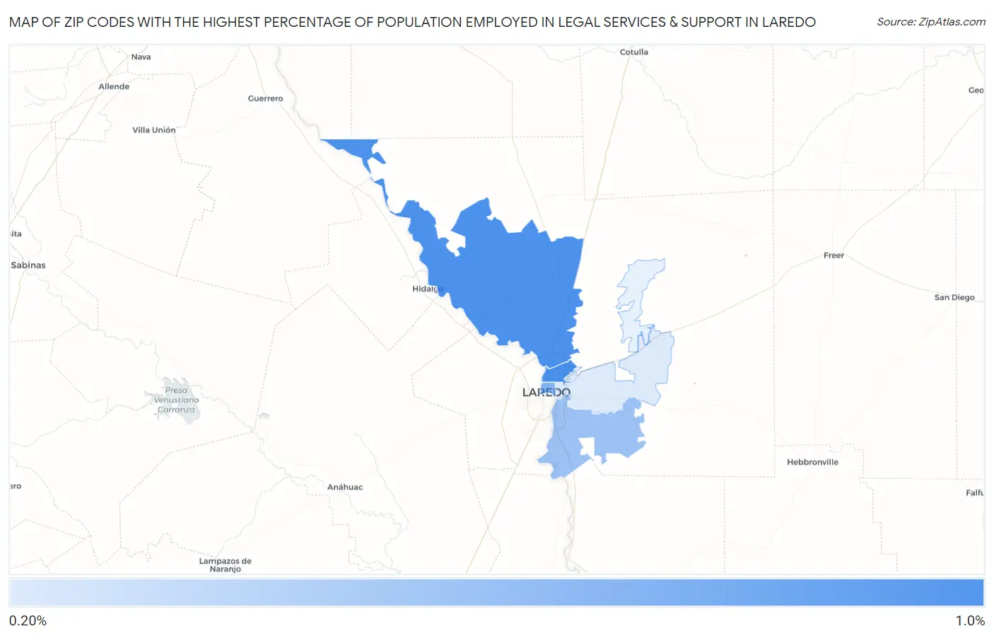 Zip Codes with the Highest Percentage of Population Employed in Legal Services & Support in Laredo Map