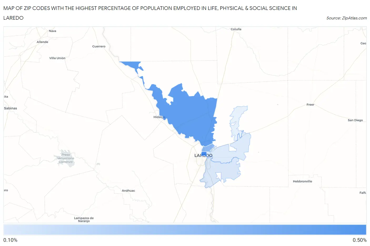 Zip Codes with the Highest Percentage of Population Employed in Life, Physical & Social Science in Laredo Map