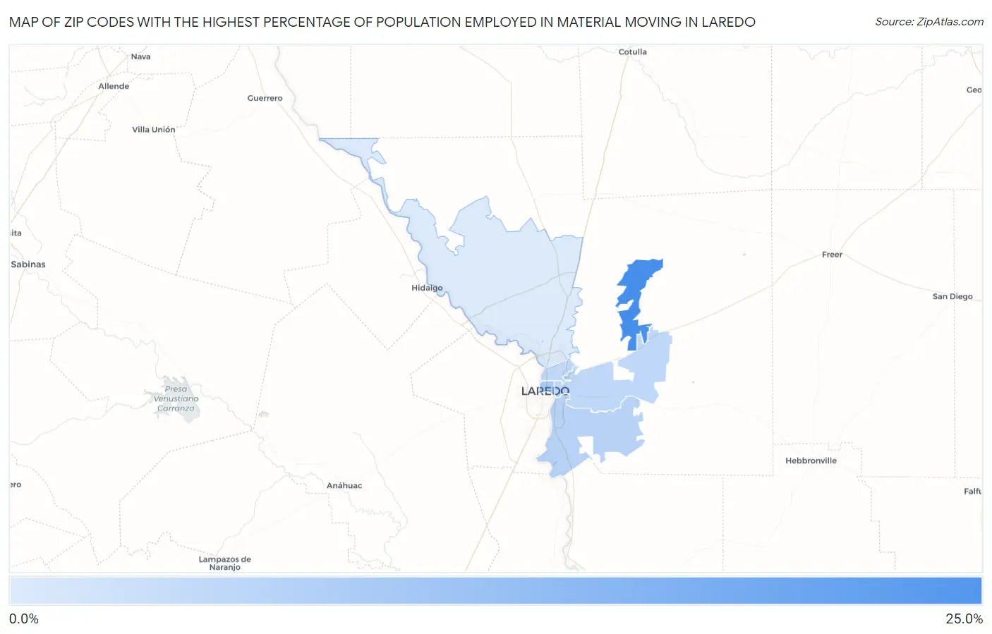 Zip Codes with the Highest Percentage of Population Employed in Material Moving in Laredo Map