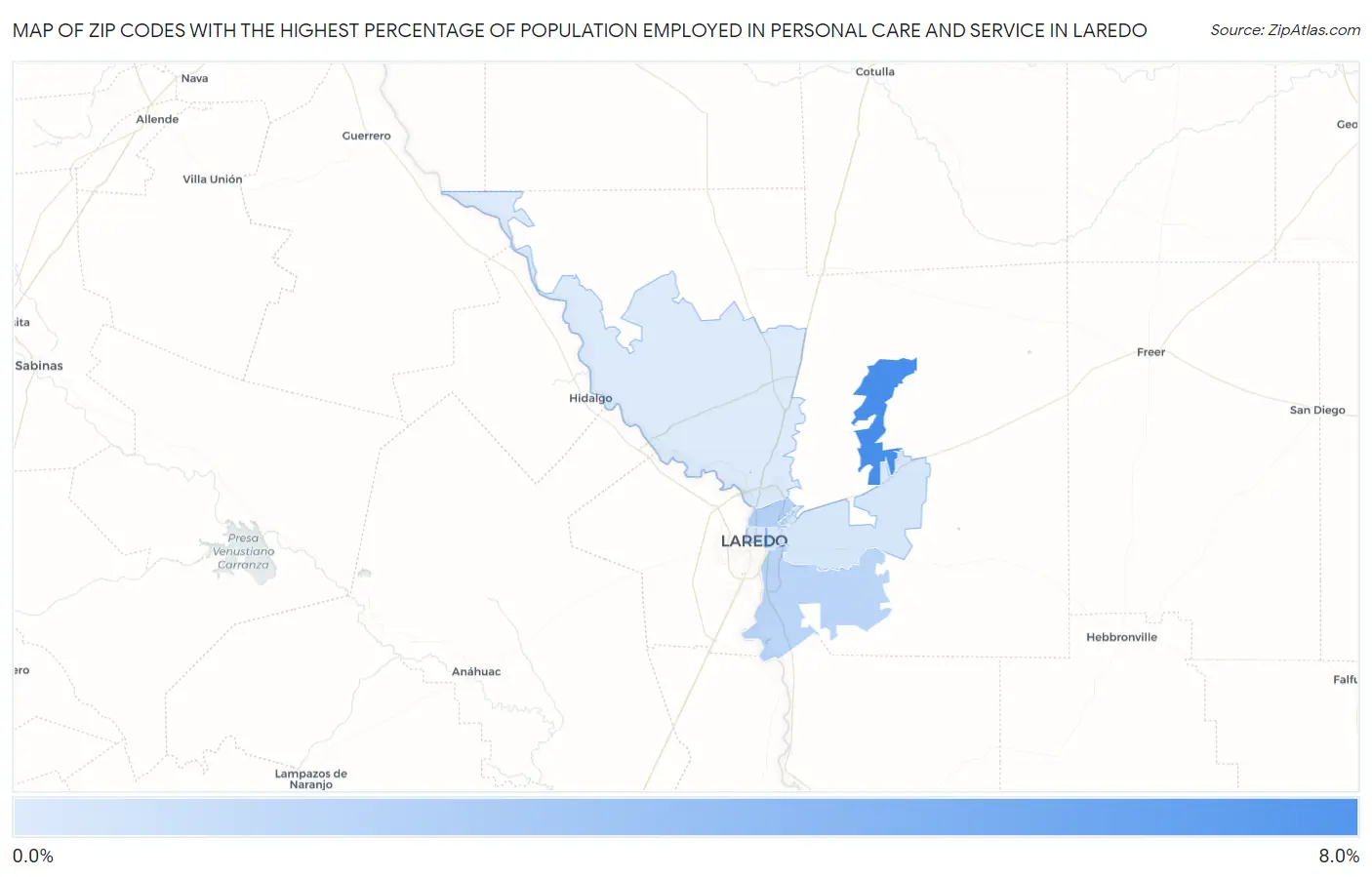 Zip Codes with the Highest Percentage of Population Employed in Personal Care and Service in Laredo Map