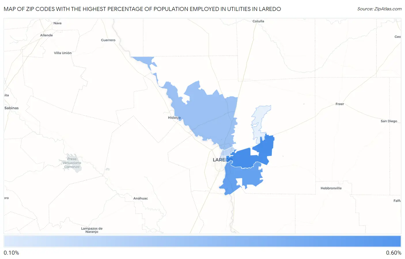 Zip Codes with the Highest Percentage of Population Employed in Utilities in Laredo Map