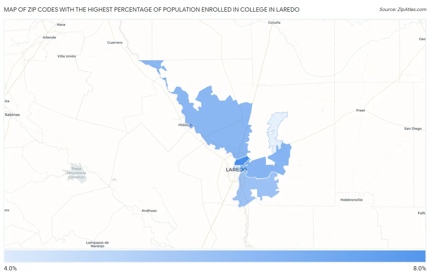 Zip Codes with the Highest Percentage of Population Enrolled in College in Laredo Map