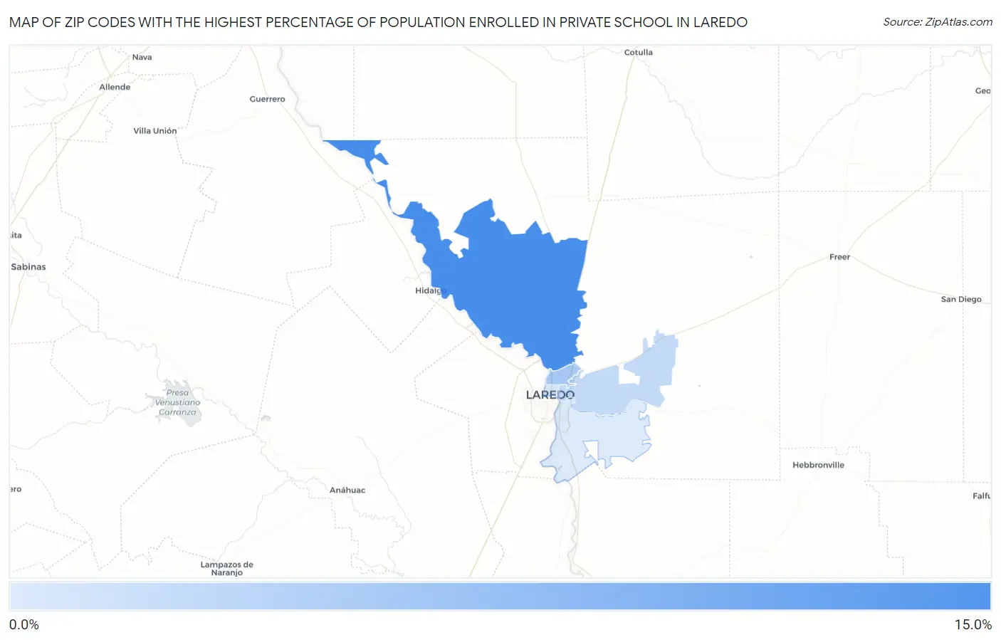 Zip Codes with the Highest Percentage of Population Enrolled in Private School in Laredo Map