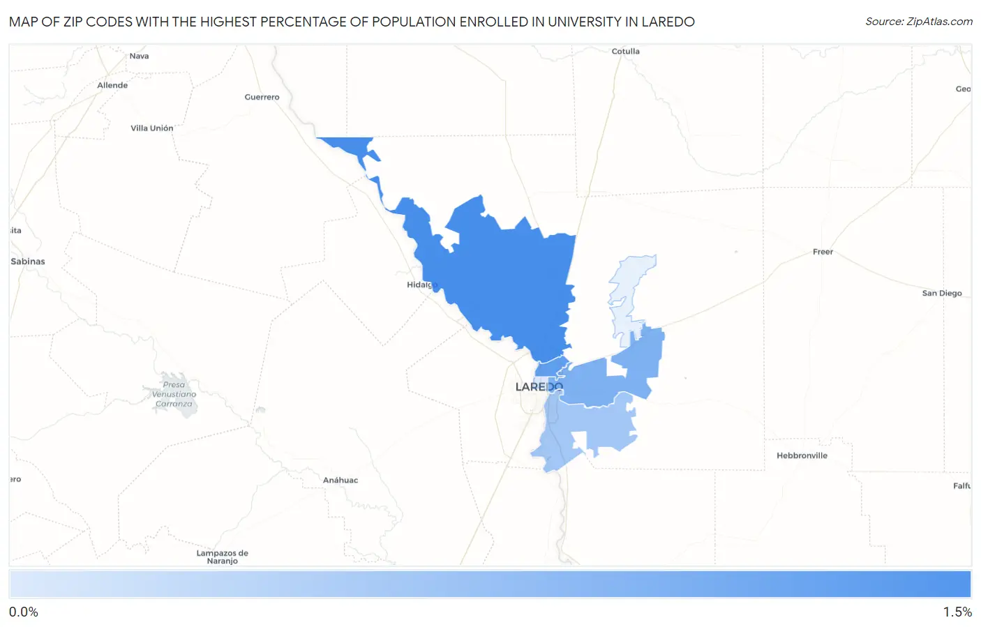 Zip Codes with the Highest Percentage of Population Enrolled in University in Laredo Map