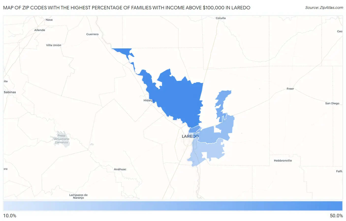 Zip Codes with the Highest Percentage of Families with Income Above $100,000 in Laredo Map
