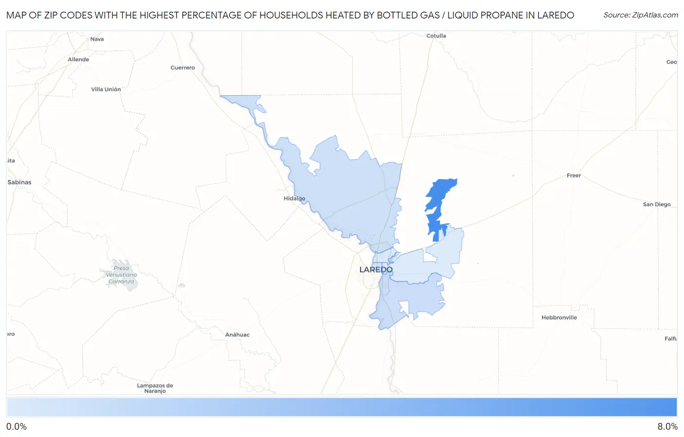 Zip Codes with the Highest Percentage of Households Heated by Bottled Gas / Liquid Propane in Laredo Map