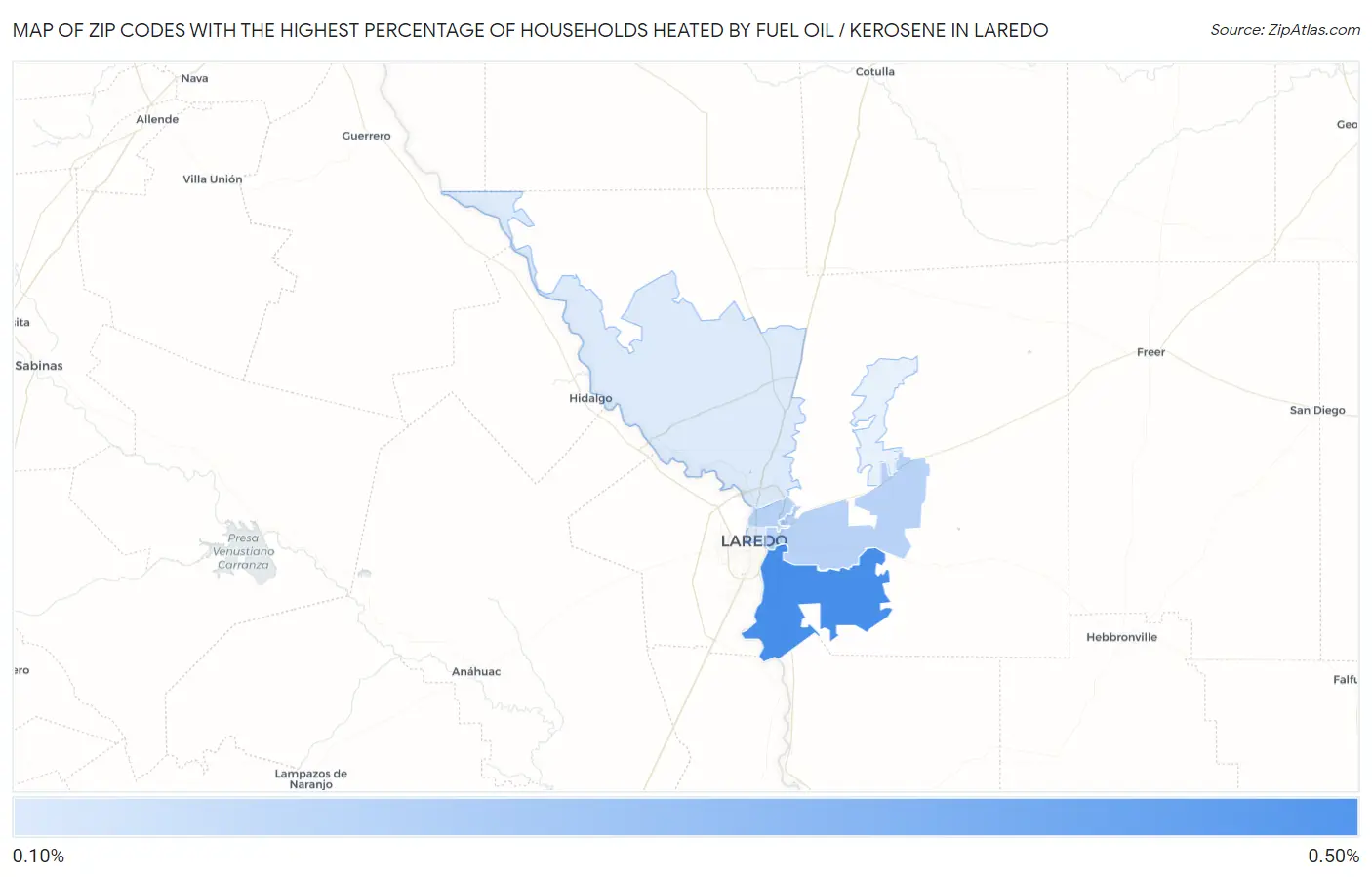 Zip Codes with the Highest Percentage of Households Heated by Fuel Oil / Kerosene in Laredo Map