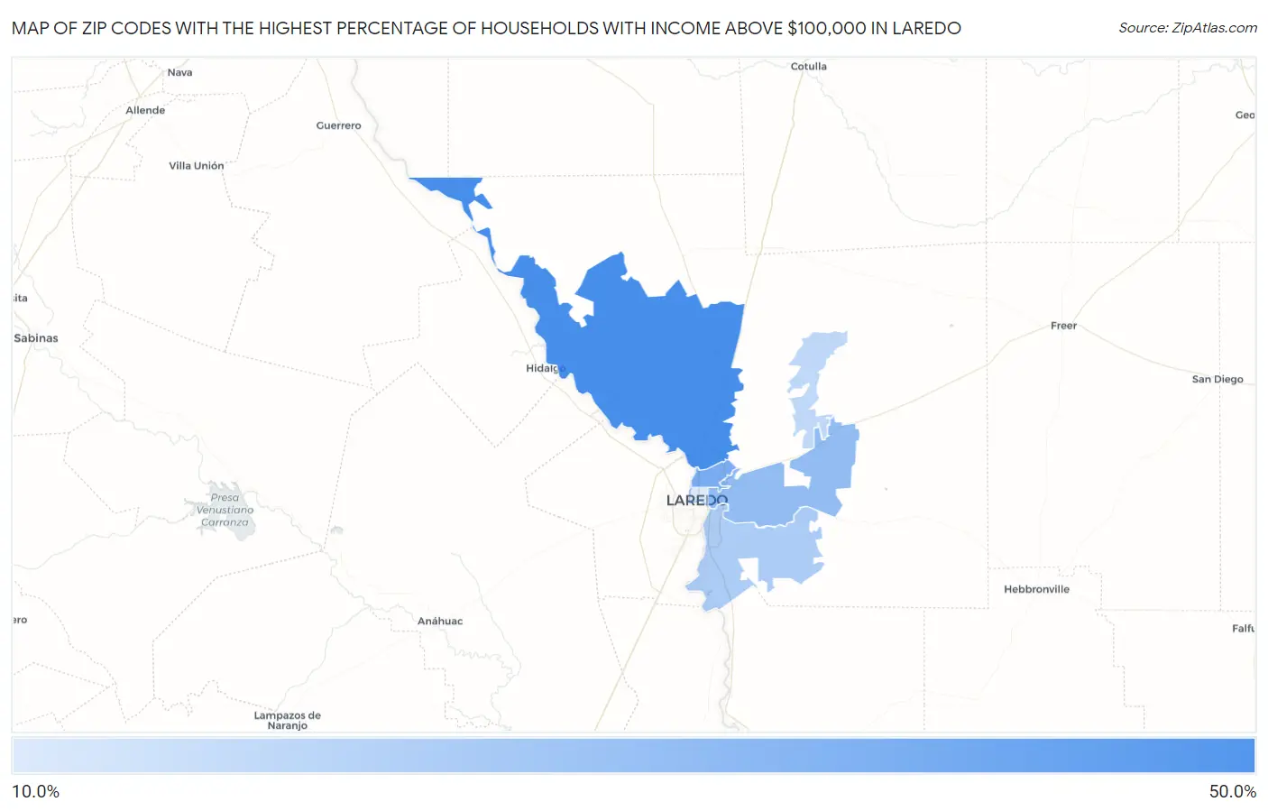 Zip Codes with the Highest Percentage of Households with Income Above $100,000 in Laredo Map