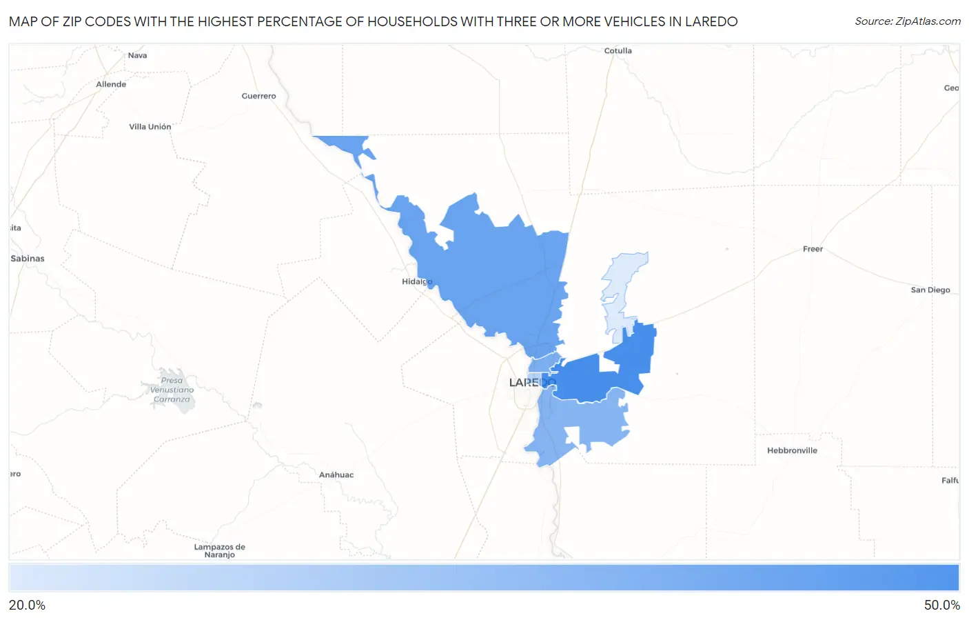 Zip Codes with the Highest Percentage of Households With Three or more Vehicles in Laredo Map