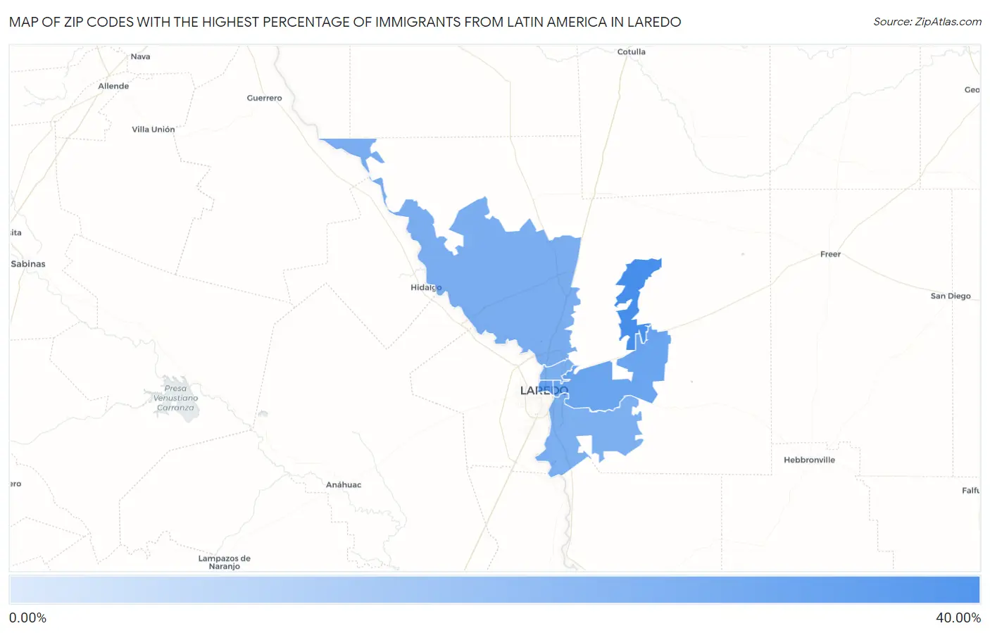 Zip Codes with the Highest Percentage of Immigrants from Latin America in Laredo Map