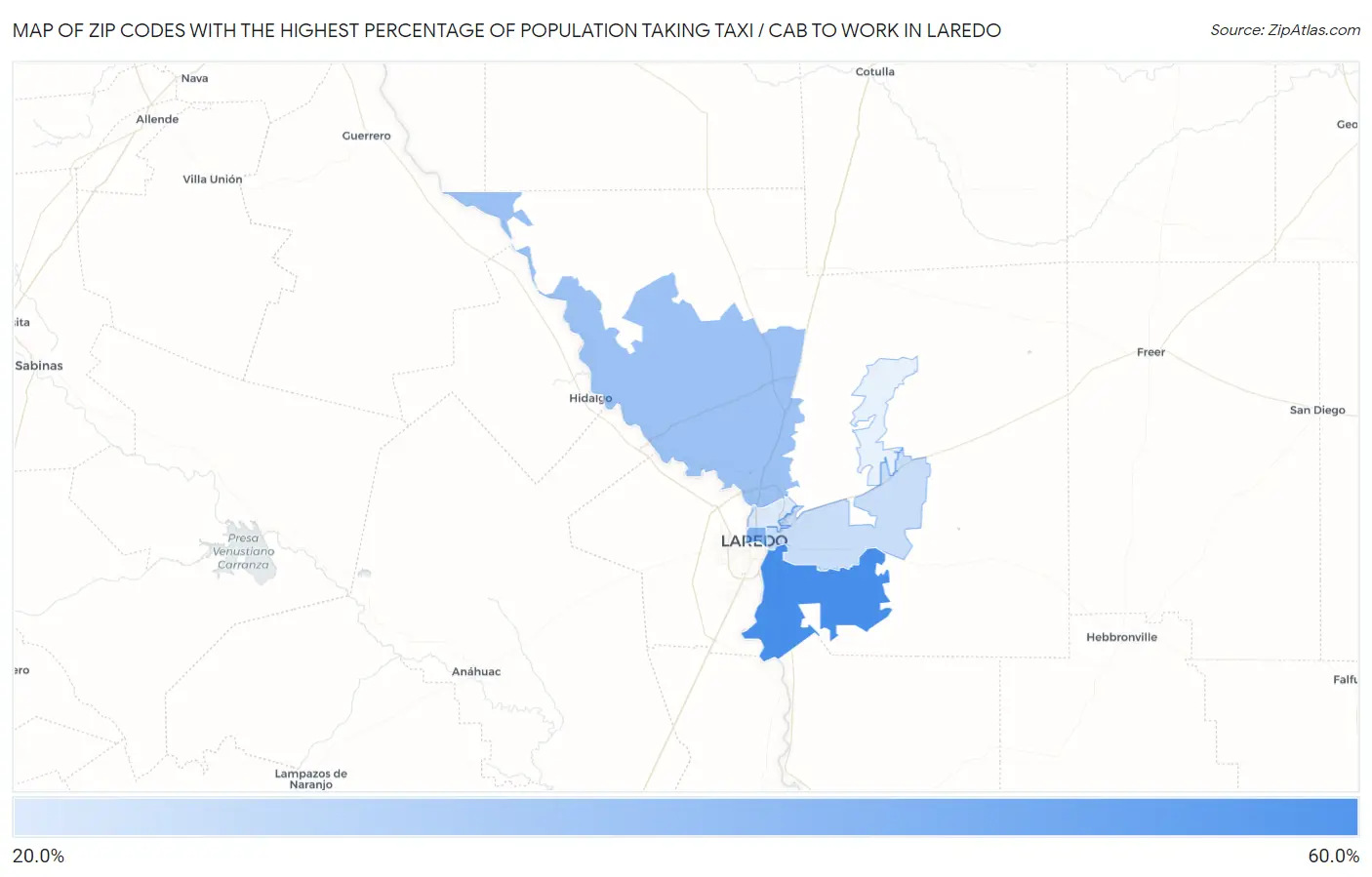 Zip Codes with the Highest Percentage of Population Taking Taxi / Cab to Work in Laredo Map