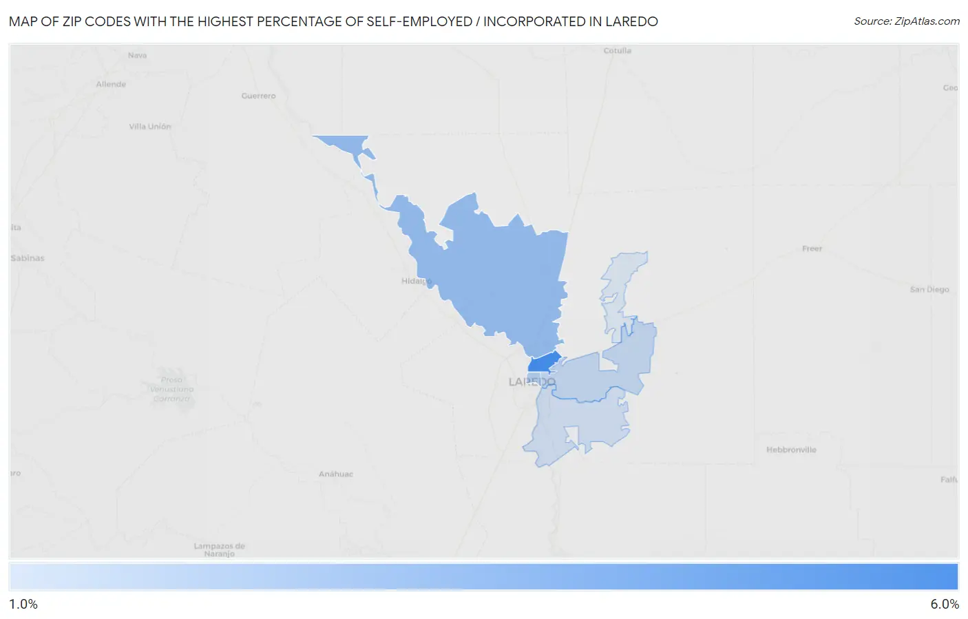 Zip Codes with the Highest Percentage of Self-Employed / Incorporated in Laredo Map