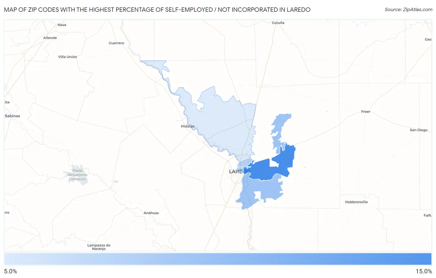 Zip Codes with the Highest Percentage of Self-Employed / Not Incorporated in Laredo Map