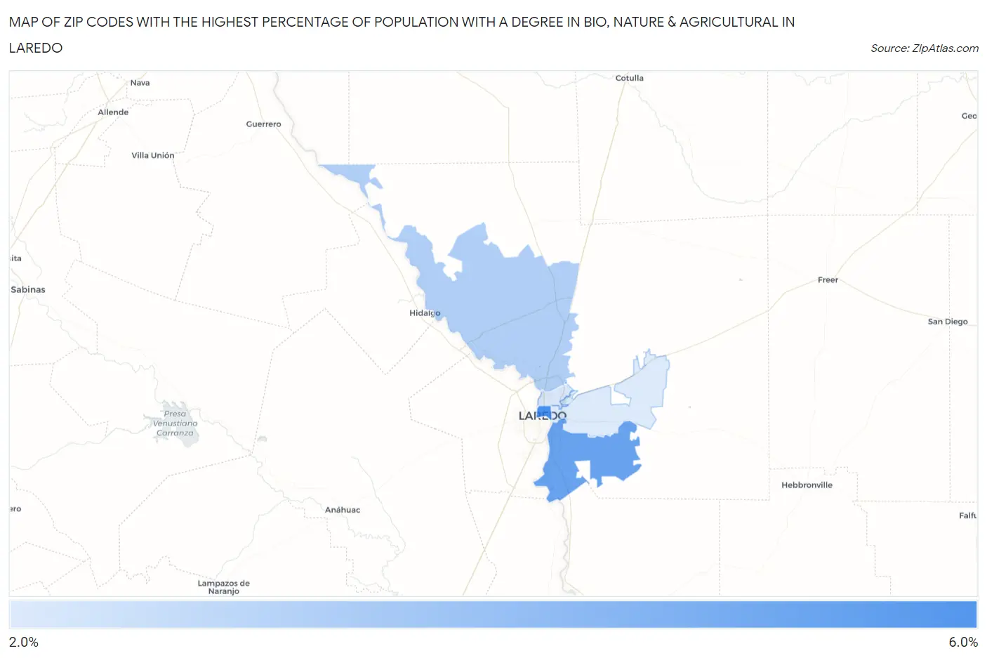Zip Codes with the Highest Percentage of Population with a Degree in Bio, Nature & Agricultural in Laredo Map