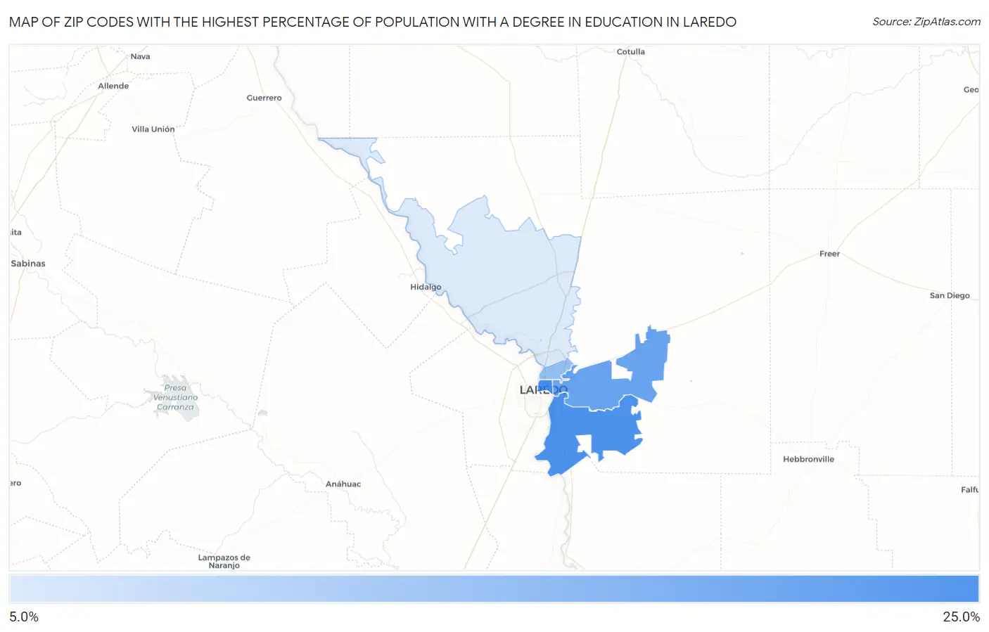 Zip Codes with the Highest Percentage of Population with a Degree in Education in Laredo Map