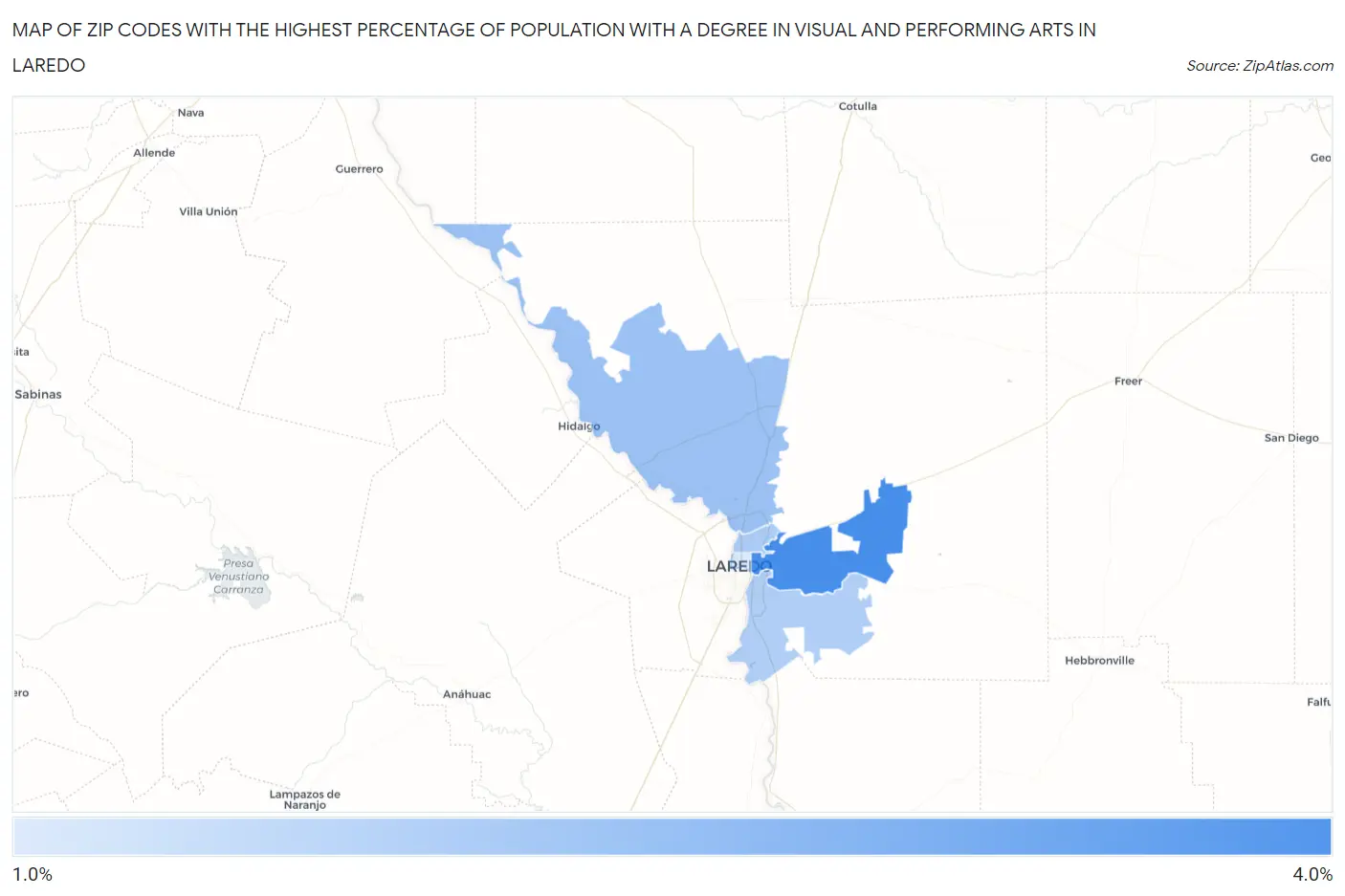 Zip Codes with the Highest Percentage of Population with a Degree in Visual and Performing Arts in Laredo Map