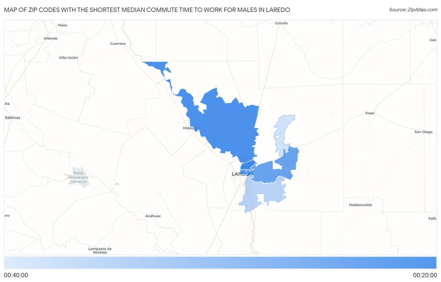 Zip Codes with the Shortest Median Commute Time to Work for Males in Laredo Map