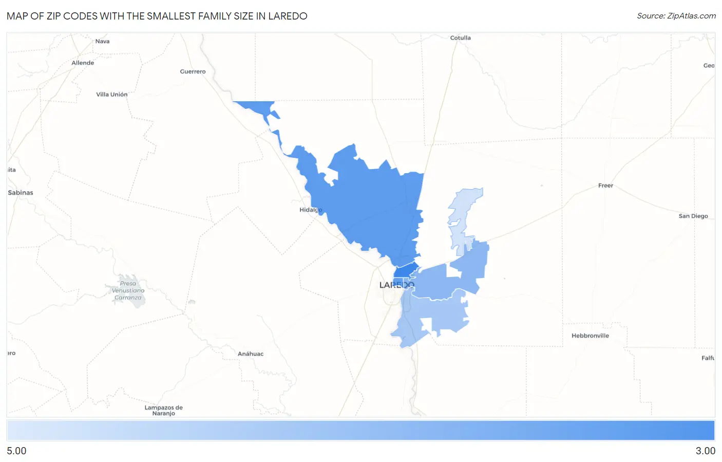 Zip Codes with the Smallest Family Size in Laredo Map