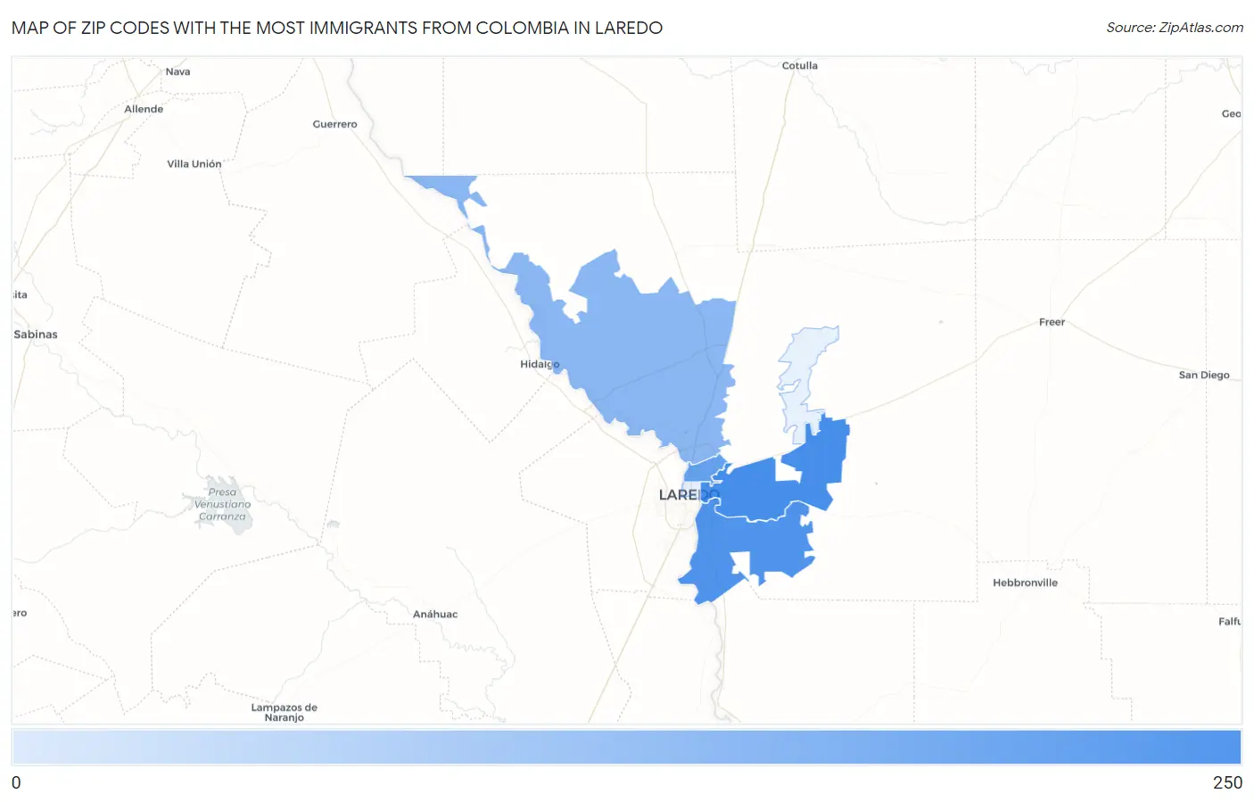 Zip Codes with the Most Immigrants from Colombia in Laredo Map