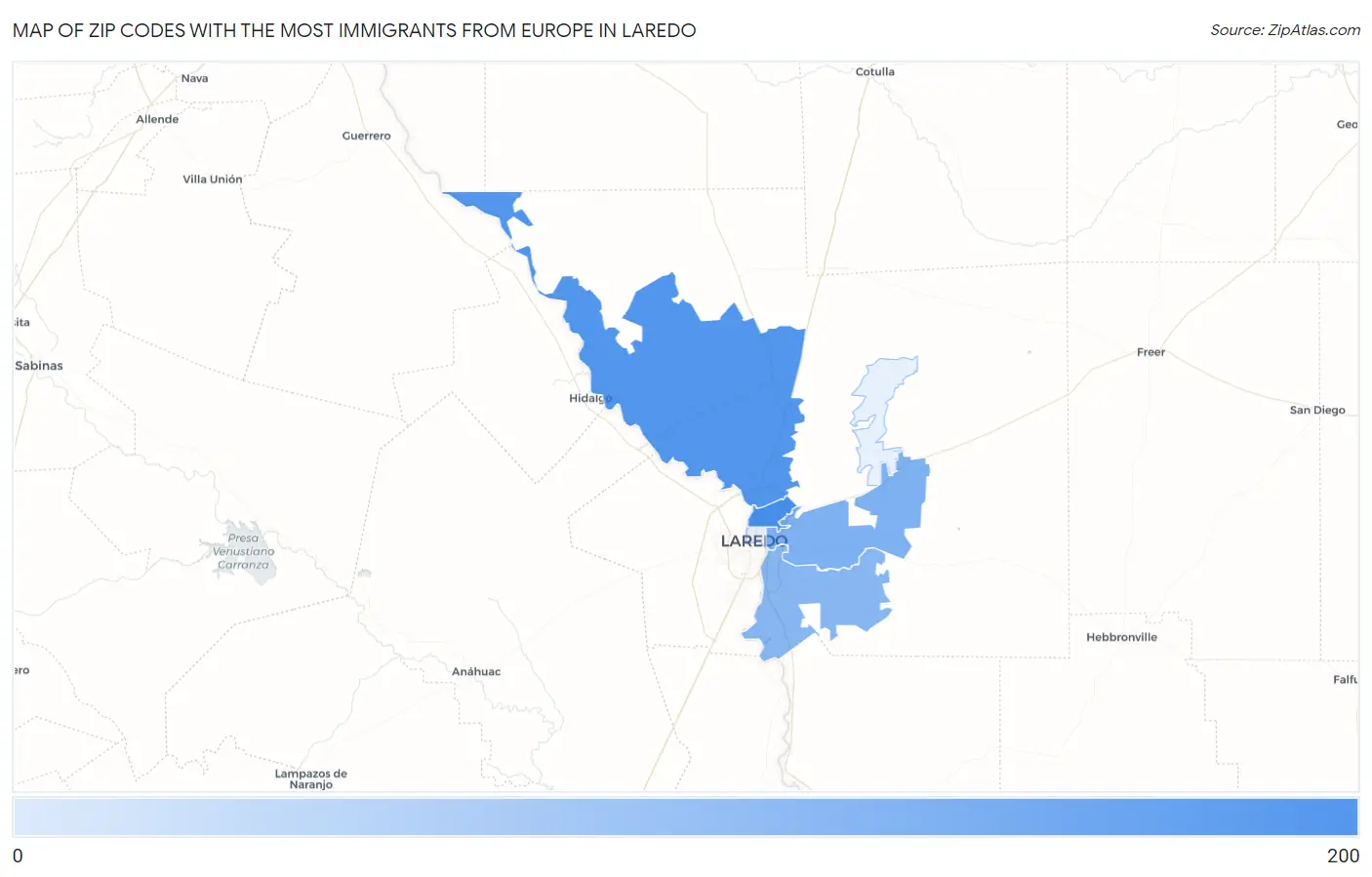 Zip Codes with the Most Immigrants from Europe in Laredo Map