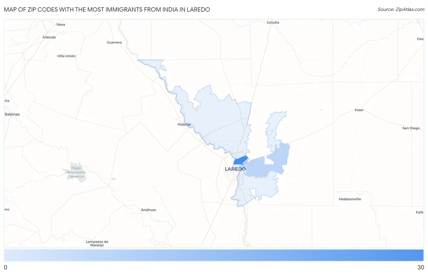 Zip Codes with the Most Immigrants from India in Laredo Map