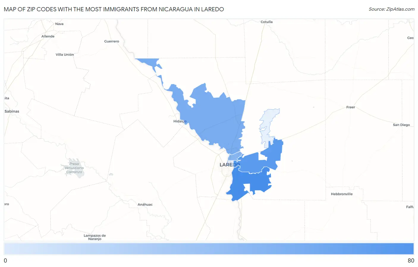 Zip Codes with the Most Immigrants from Nicaragua in Laredo Map
