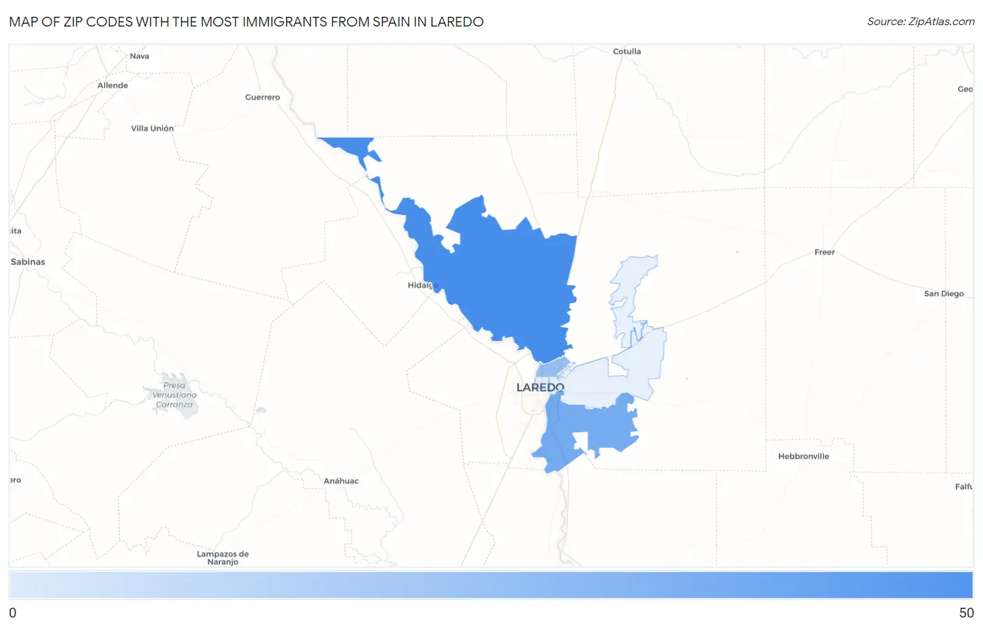 Zip Codes with the Most Immigrants from Spain in Laredo Map