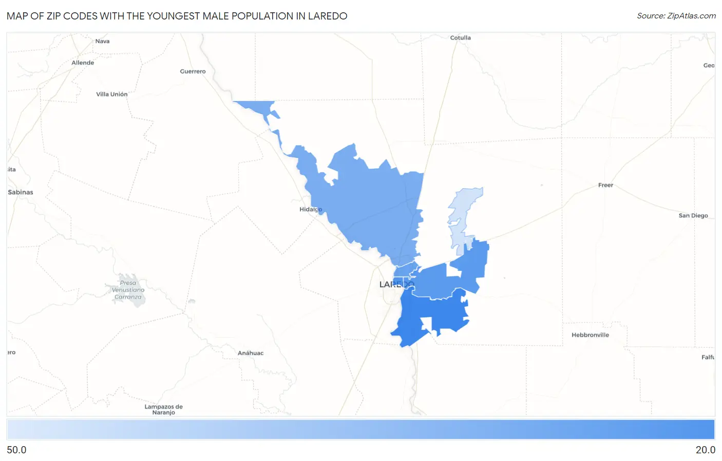 Zip Codes with the Youngest Male Population in Laredo Map