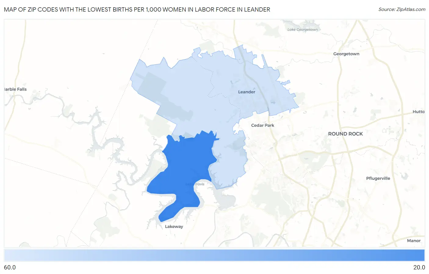 Zip Codes with the Lowest Births per 1,000 Women in Labor Force in Leander Map