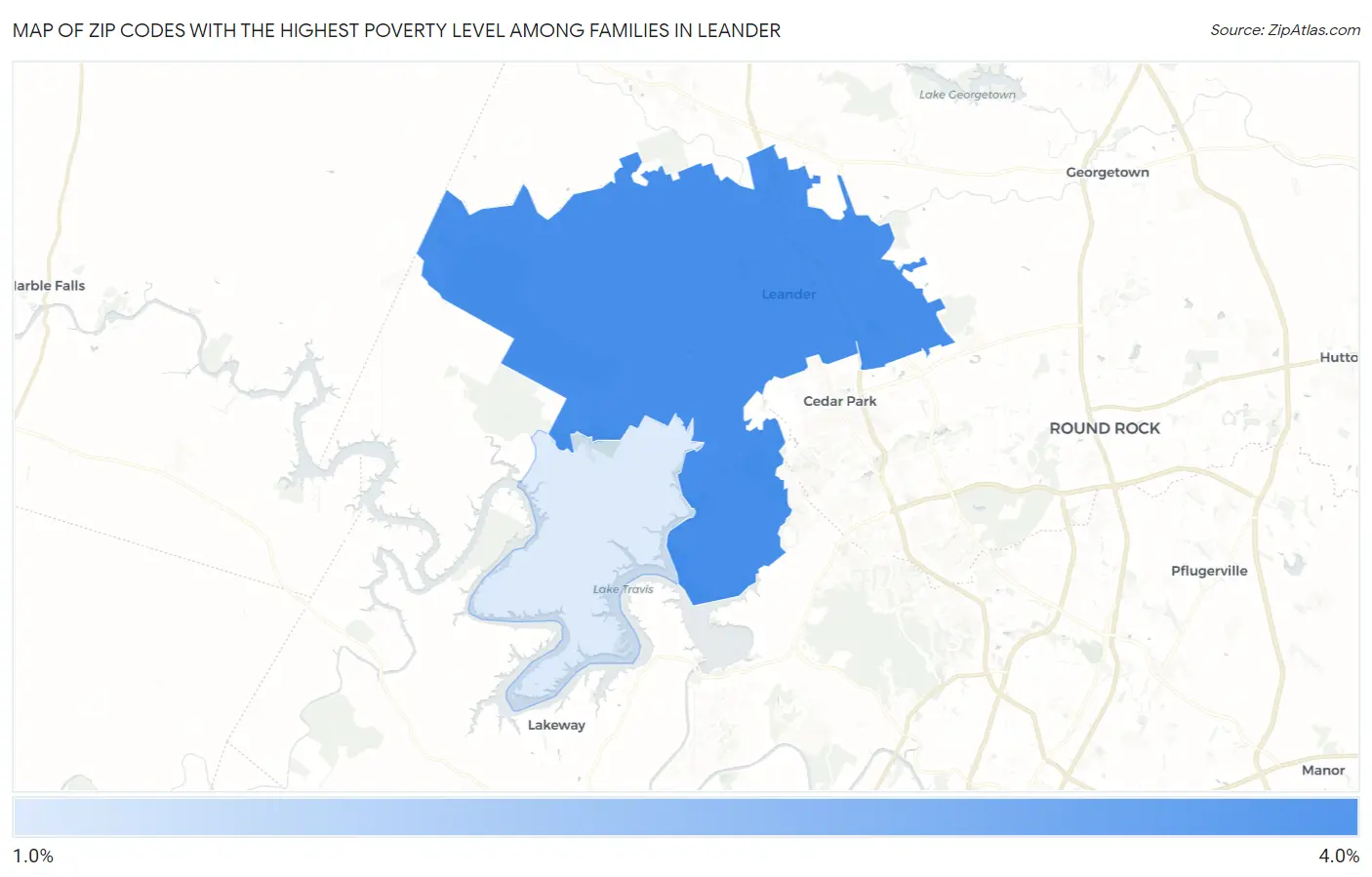 Zip Codes with the Highest Poverty Level Among Families in Leander Map