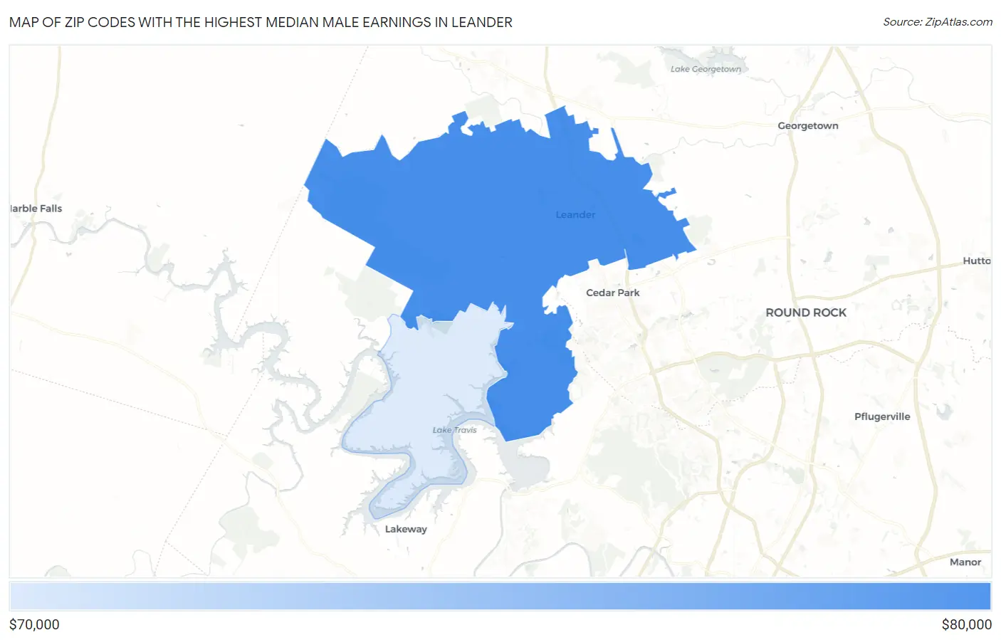 Zip Codes with the Highest Median Male Earnings in Leander Map