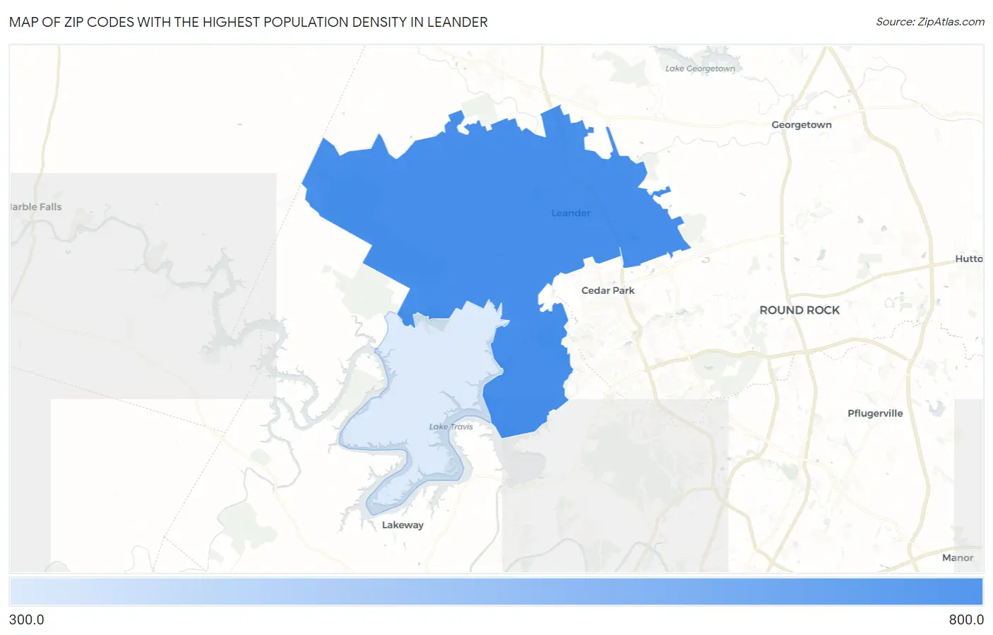 Zip Codes with the Highest Population Density in Leander Map