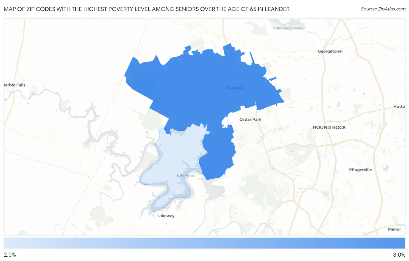 Zip Codes with the Highest Poverty Level Among Seniors Over the Age of 65 in Leander Map