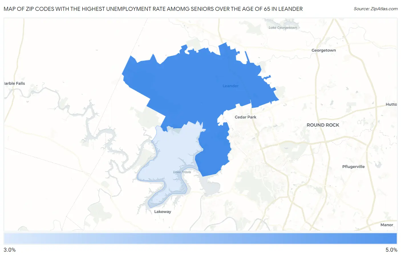 Zip Codes with the Highest Unemployment Rate Amomg Seniors Over the Age of 65 in Leander Map