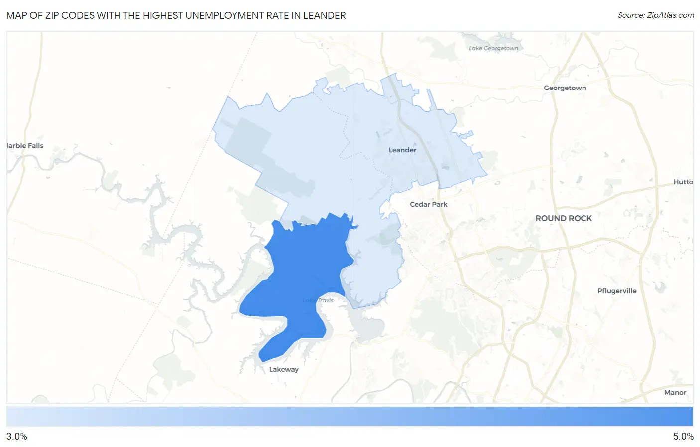 Zip Codes with the Highest Unemployment Rate in Leander Map