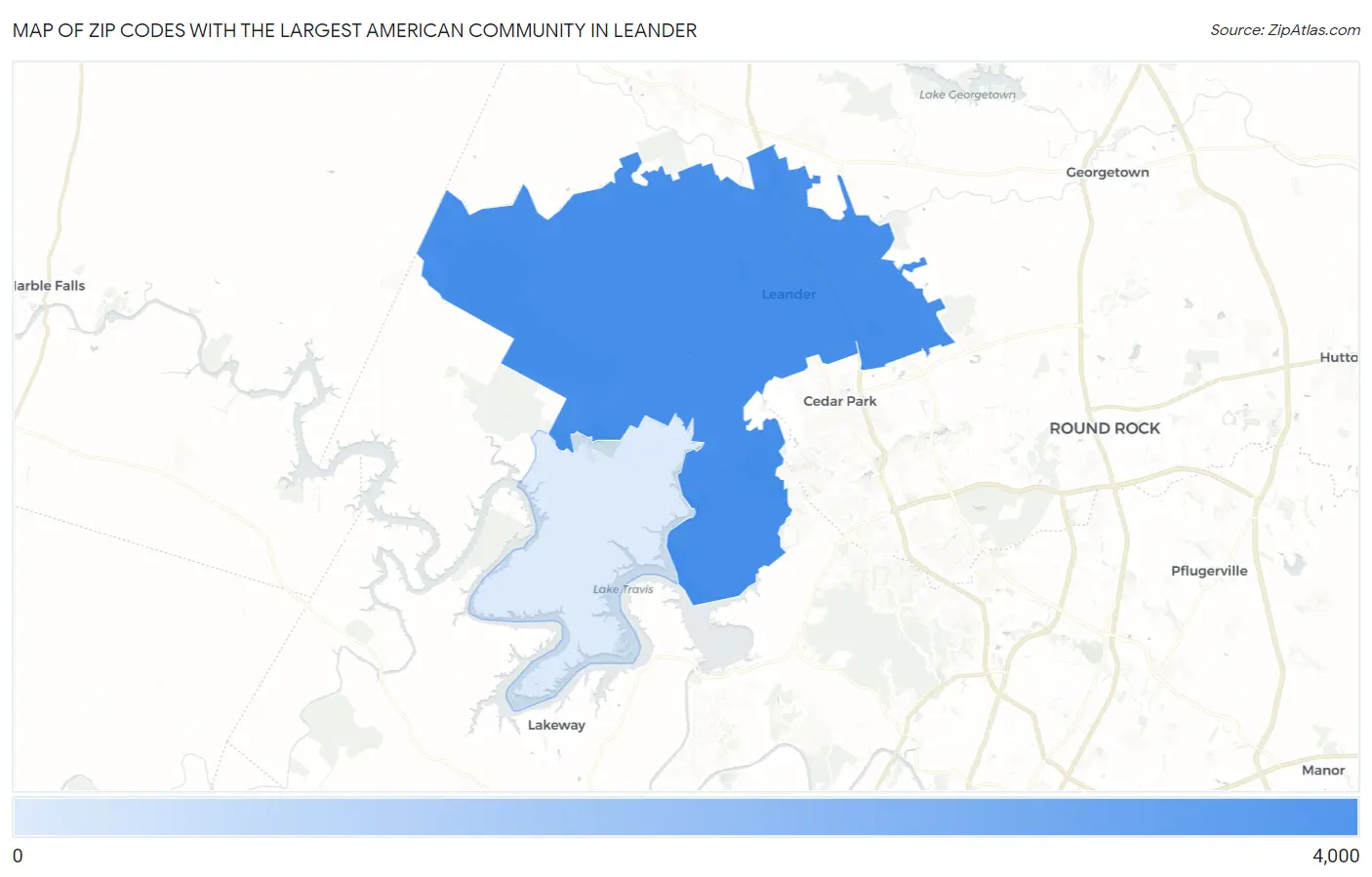 Zip Codes with the Largest American Community in Leander Map