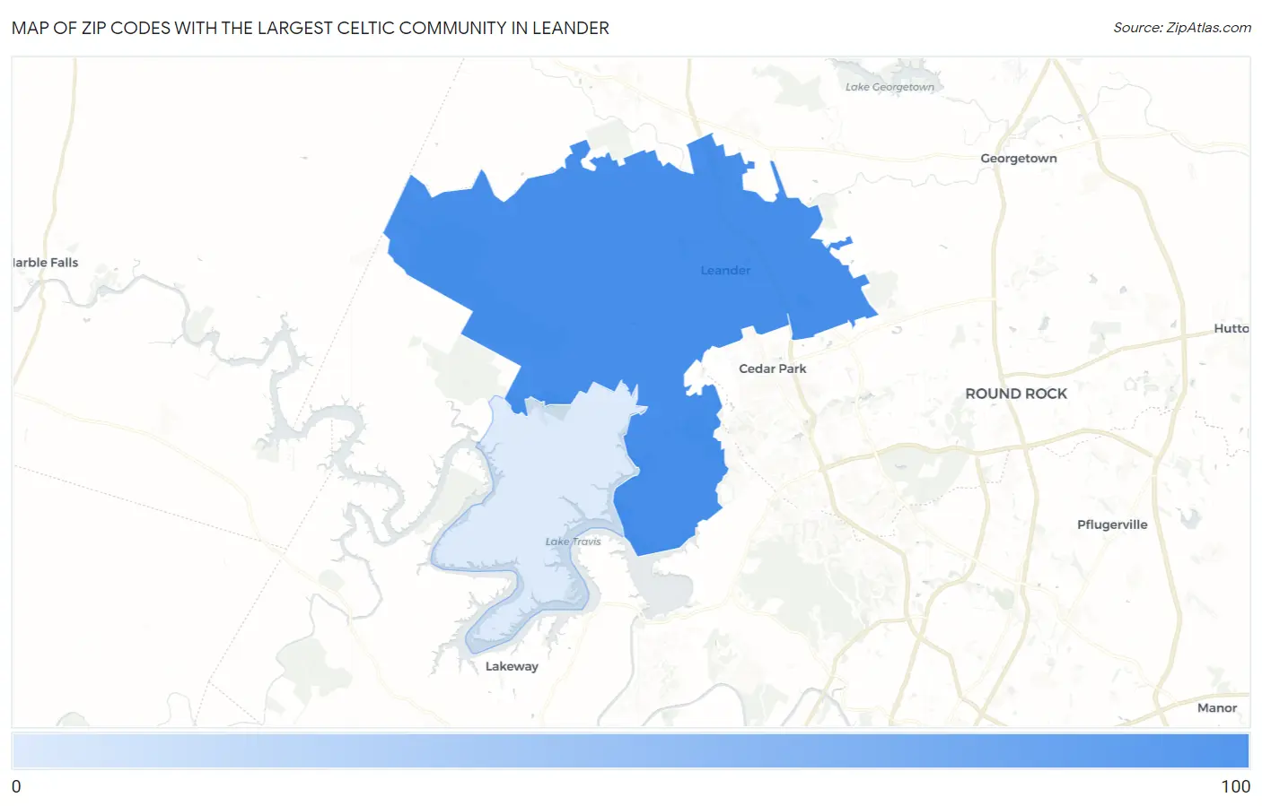 Zip Codes with the Largest Celtic Community in Leander Map